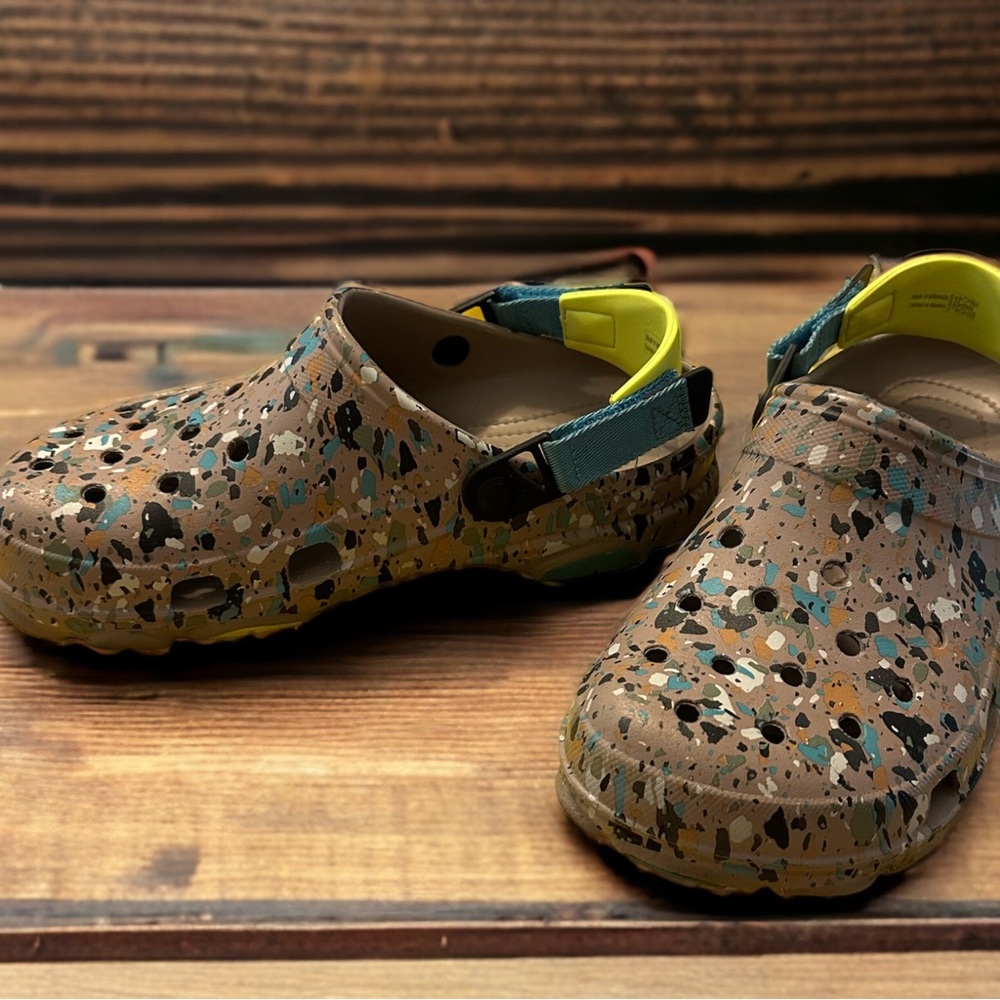 Crocs with a multicolor print, these mushroom-colored have a terrazzo design.